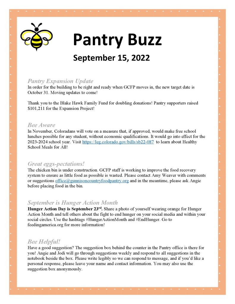 Pantry Buzz Newsletter September 15, 2022